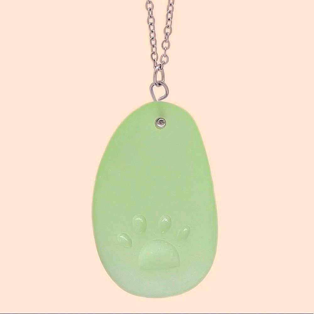 🔴 CLEARANCE NWT 🐾 STAINLESS STEEL PAW IMPRINT GREEN BEACH GLASS PENDANT NECKLACE - Picture 2 of 4